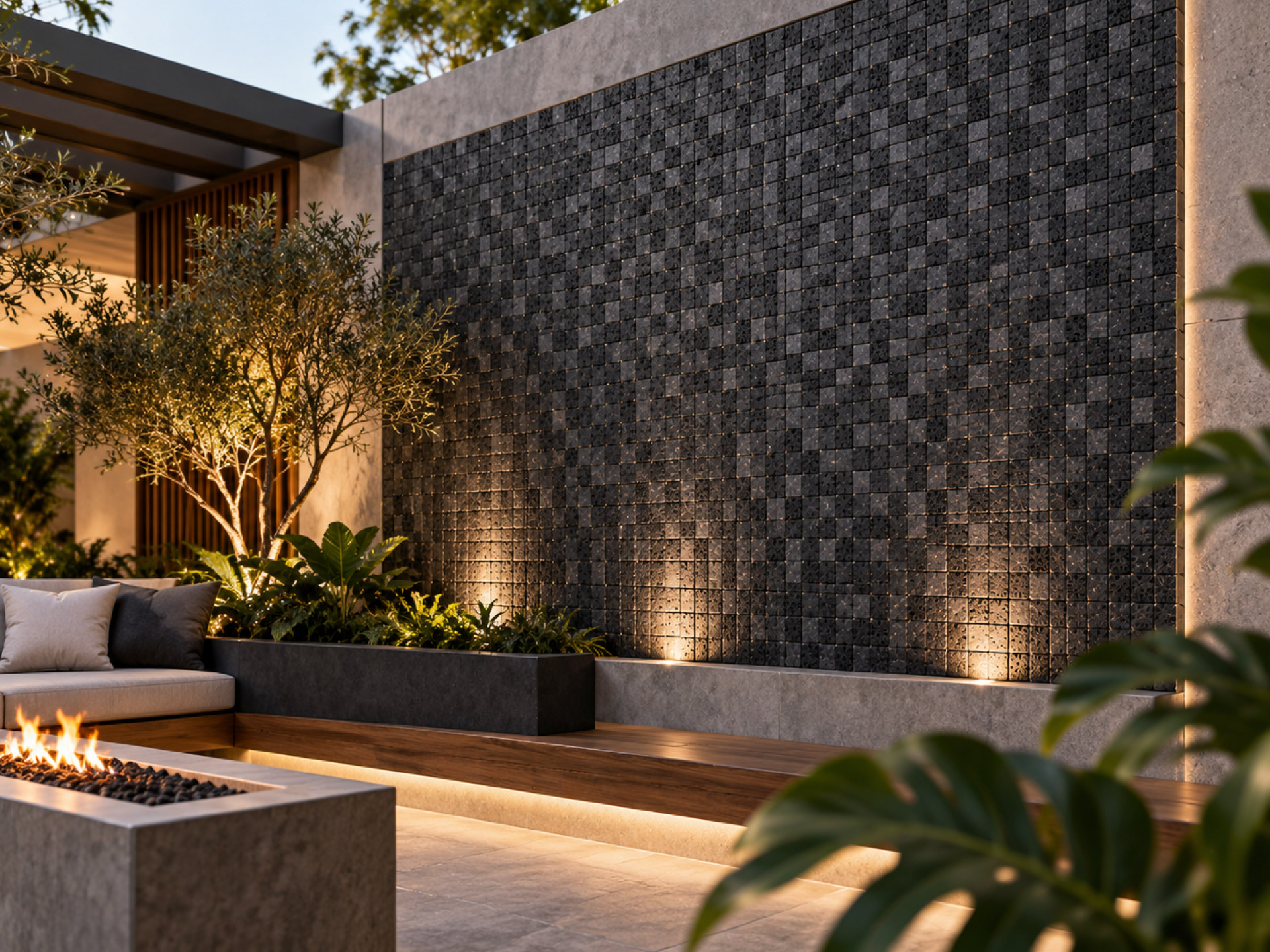 muro iluminado con piedra black lava mosaic